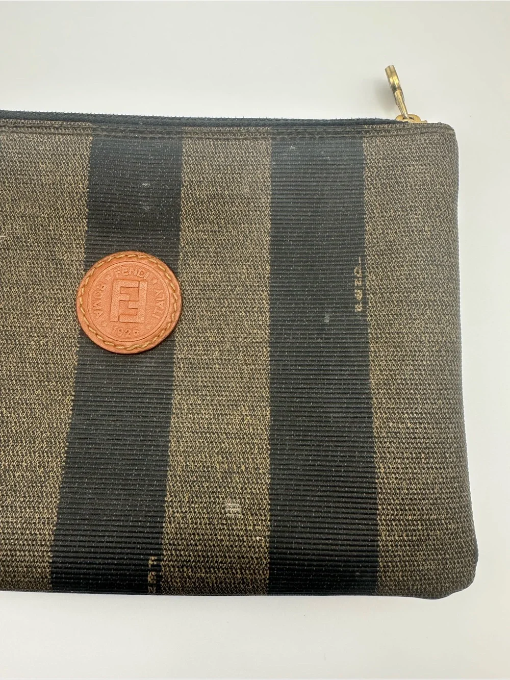 Fendi Pequin Stripe Zip Pouch Cosmetic Bag Brown Black Roma Vtg Authentic Italy